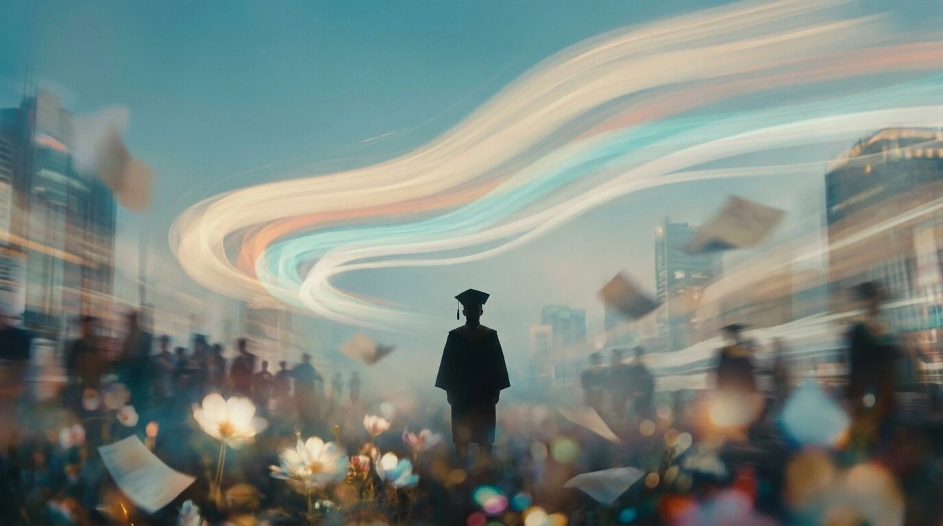 Young professional crossing a surreal city district with a glowing blue career path